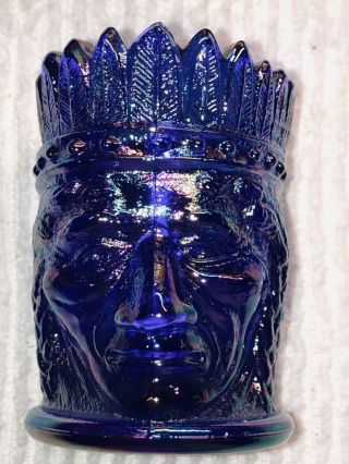 Joe St.  Clair Toothpick Holder Carnival Glass Indian Head Blue Iridescent Signed