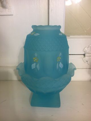 Vintage Westmoreland Fairy Lamp Blue Mist With Hand Painted Flowers And Leaves