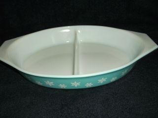 Vintage Pyrex 29 Turquoise Snowflake 1 1/2 Quart Oval Divided Casserole Dish