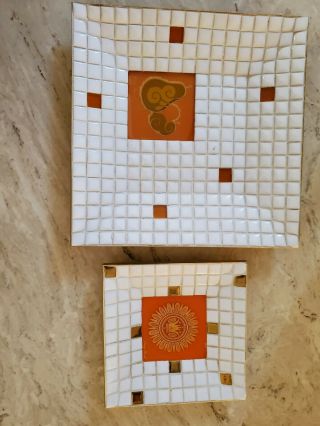 Two Retro George Briard Orange/ White Tile Trays 8 " & 5 "