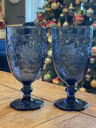 Set Of 2 Vintage Princess House Fantasia Blue Sapphire Wine Goblets Glasses