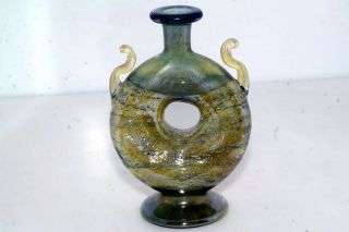 Very Fine Hand Blown Art Glass Bottle Bud Vase 3.  5 " Green Gold