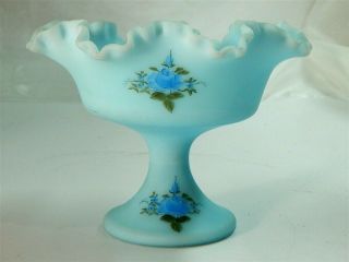 Vintage Fenton Hand Painted Blue Satin Glass Footed Compote Signed V.  Gherke