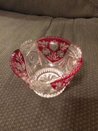 Vintage Clear Red Cranberry Painted Glass Floral Crystal Vase Bowl
