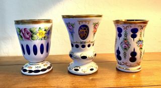 Vintage Bohemian Czech Art Glass Set Of 3 Vases White Overlay Cut To Blue