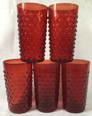 Set Of 5 Vtg Antique Ruby Red Glass Hobnail Cups Tumblers