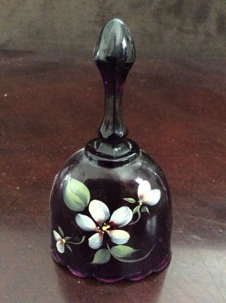 Fenton Purple Glass Hand Painted Floral Bell Signed By D.  Wright