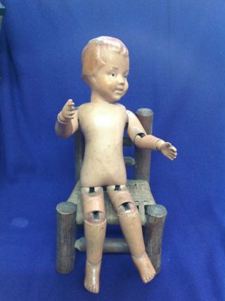 Antique Schoenhut Jointed Wood Doll With Carved Hair Blue Eyes Untouched