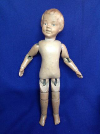 ANTIQUE SCHOENHUT JOINTED WOOD DOLL WITH CARVED HAIR BLUE EYES UNTOUCHED 6
