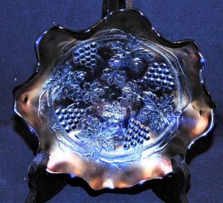 Antique Carnival Glass,  Northwood " Grape & Cable ",  7.  5 " Ruffled Bowl,  Blue,  Ex