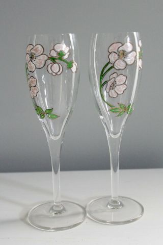 2 Vntg French Perrier Jouet Anemone Belle Hand Painted Flowers Champagne Flutes