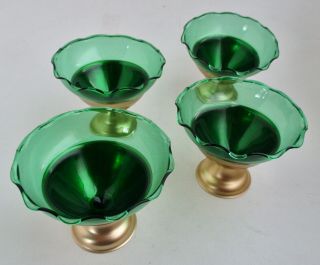 Vtg 4 Forest Green Glass Ruffle Edge Desert Sherbet Bowls W 4 Aluminum Holders