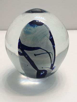 Vintage Clear Art Glass Cobalt Blue & White Center Egg Signed Dated Paperweight