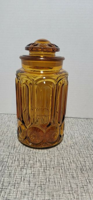 Vintage Le Smith Moon & Stars Amber Glass Apothecary Canister 11 " Flour