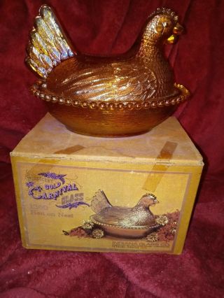 Indiana Iridescent Gold Amber Carnival Glass Hen On Nest Covered Bowl Dish 1260