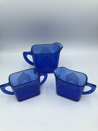Vintage Hazel Atlas Cobalt Blue 3 - Piece Sugar/creamer/pitcher Set Art Deco