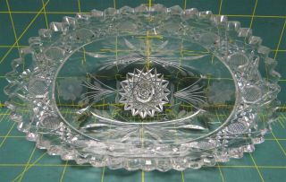 Vintage Crystal Oval Trinket Dish,  Starburst With Etched Daisies,  Saw Tooth Rim