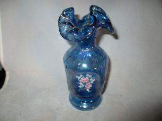 Fenton Blue Iridescent Carnival Glass Hand Painted Pinched Vase Signed