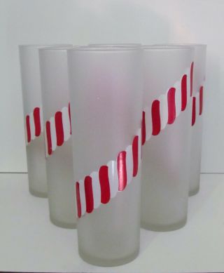 6 Libbey Red And White Candy Stripe Tall Frosted Tumblers