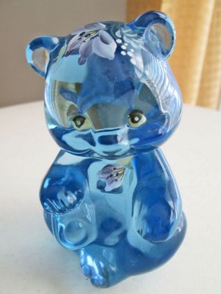 Fenton Art Glass Blue Sitting Bear Hand Painted “bellflowers” Signed