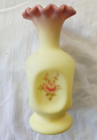 Vintage Fenton Custard Glass Vase,  Hand Painted And Signed By Linda Bules