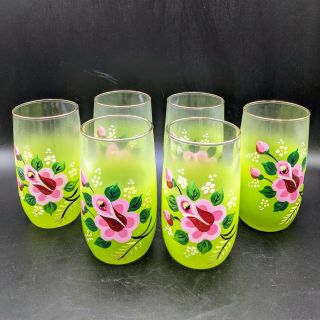 Vintage Set 6 Blendo Mid Century Hand Painted Floral Glass Lime Green