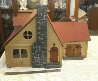 Antique Vintage Wood Cottage Bungalow Doll House W Red Roof & Garage