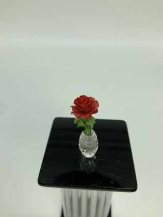 Dollhouse Miniature Artisan Jim Irish Hand Cut Crystal Vase w/Red Rose (r) 3