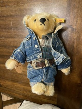 Rare Steiff Ralph Lauren Polo Bear Denim Jean Jacket Store Leather Tag 1774