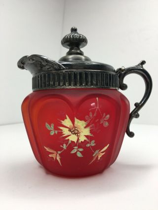 Vintage Creamer Frosted Red Satin Glass Hand Painted Flowers W Silver Plate ❤️ J