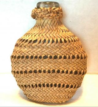 Rare Vintage Wicker Covered Flask Glass Bottle Small Flat Round 3.  75 " X 3 "