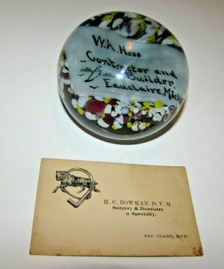 Antique Advertising Eau Claire Michigan Glass Paperweight W.  A.  Hess Contractor