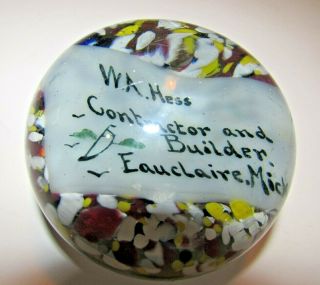 Antique Advertising Eau Claire Michigan Glass Paperweight W.  A.  Hess Contractor 2