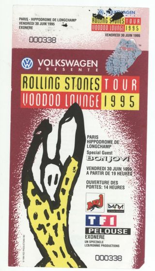 Rare The Rolling Stones Bon Jovi 6/30/95 Paris France Hippodrome Ticket Stub