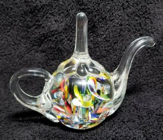 Joe St Clair Glass Teapot Paperweight Ring Holder Bubble Multicolor Flower