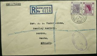 Hong Kong 23 Mar 1957 Eliz.  Ii Regist.  Cover From Tsuen Wan To Bordon,  England