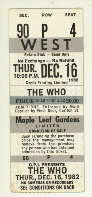 Rare The Who 12/16/82 Toronto Ontario Canada Maple Leaf Gardens Ticket Stub