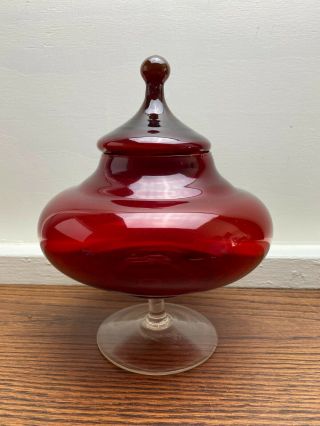 Vintage Ruby Red & Clear Glass Candy Dish With Lid Footed 9 3/4 " Tall