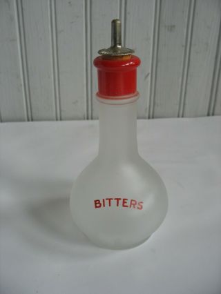 6 " Vtg Hazel Atlas Bitters Bottle Frosted Glass Red Lettering Red Top Barware