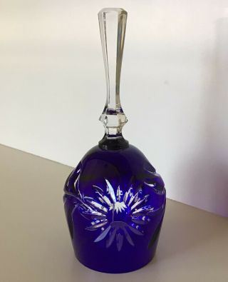 Bohemian Glass Cut To Clear 7 1/4” Crystal Bell Cobalt Circa 1970’s