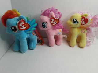 3 Ty My Little Pony Stuff Plush Rainbow Dash Fluttershy Pinkie Pie Beanie Babies
