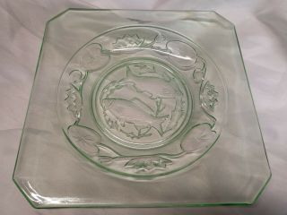 Art Deco Bagley Glass Square Pale Green Fish And Water Lily Plate 1930 