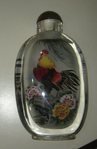 Unusual Vintage Chinese Large Snuff Bottle With Reverse Painted Roosters