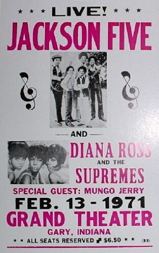 Jackson 5 Concert Poster 1971 W/ Diana Ross & The Supremes - Gary,  In 14 " X22 "