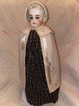 Antique Cabinet Size Early Bent Leg Bisque Head Doll Great Shaker Outfit Bonnet