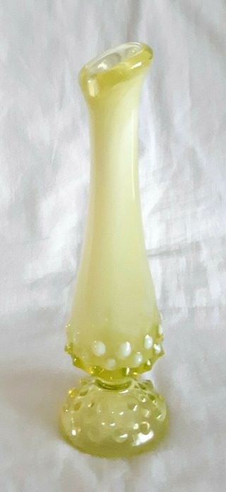 Vintage 8 " Yellow Green Opalescent Hobnail Glass Bud Vase Fenton?