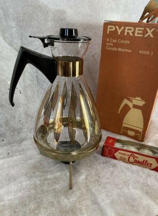 VINTAGE PYREX 8 CUP CARAFE with CANDLE WARMER 4608 - 3 3