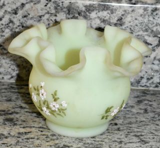 Two Fenton Custard Glass Ruffled Large Vase Hand Painted Roses Signed 3