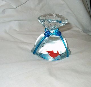 Italy Murano Glass Fish In A Bag Aquarium Goldfish Blue Ribbon Paperweight S