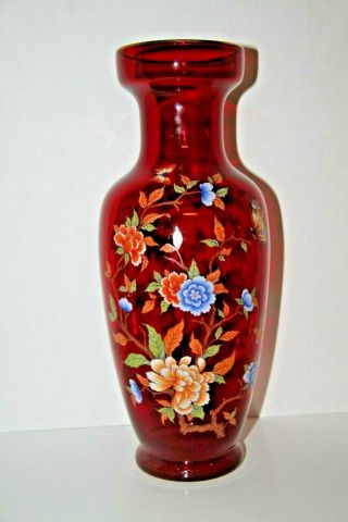 Norleans 15 " Tall Vase Red Blue Orange Flowers & Butterflies Made In Italy 22k